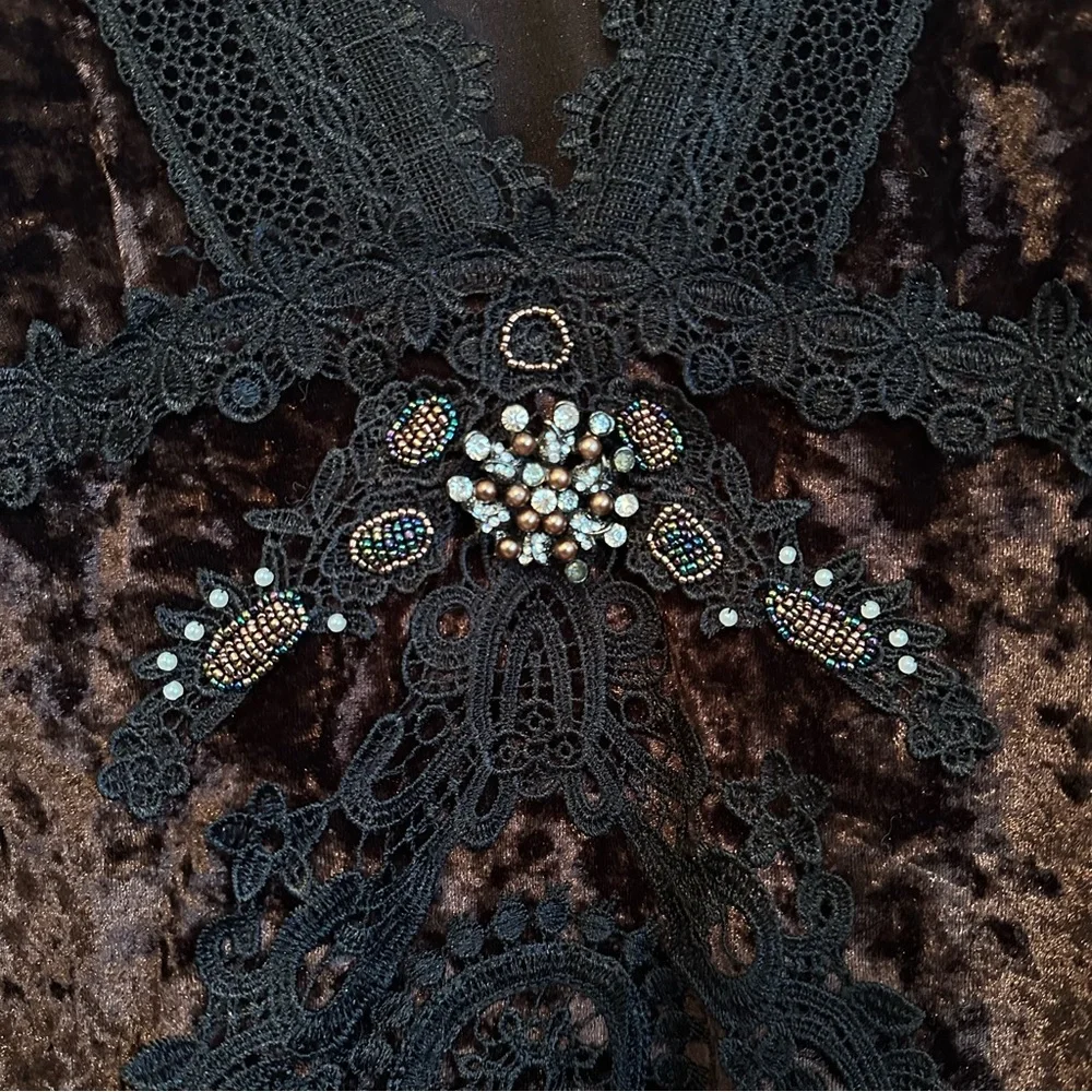 Brown Velvet Black Lace Embellished Beaded Fairycore Top Vintage Y2K - Picture 7 of 8